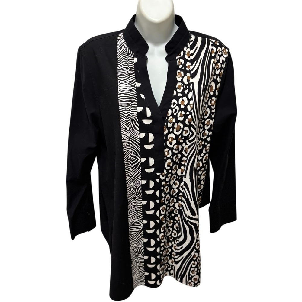 Chico’s Tunic Blouse Non Iron Retro Mix Animal Print Chic Stretch Black Sz 2/L